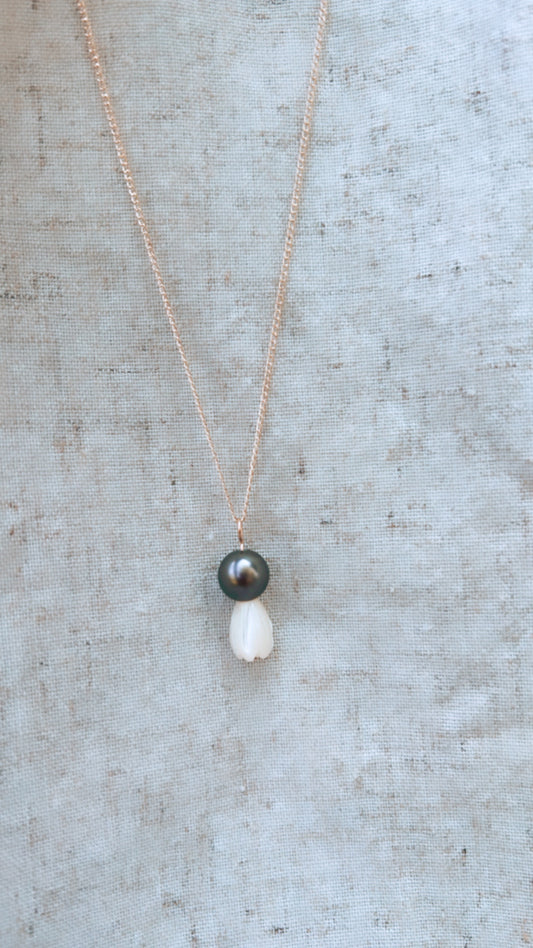 Tahitian Black Pearl And Mother Of Pearl Pikake Necklace