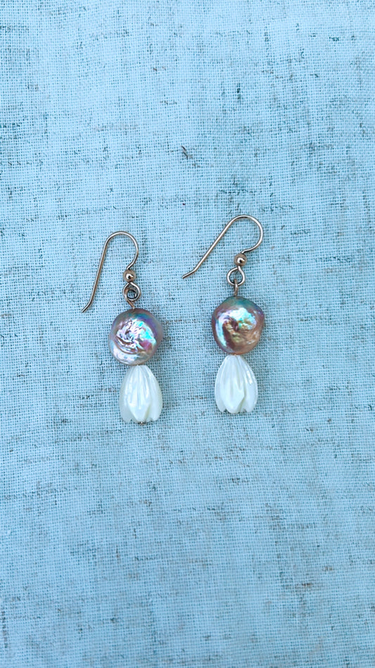 Mother Of Pearl Pikake And Pink Coin Pearl Earrings