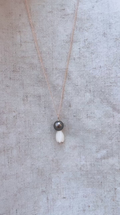 Tahitian Black Pearl And Mother Of Pearl Pikake Necklace